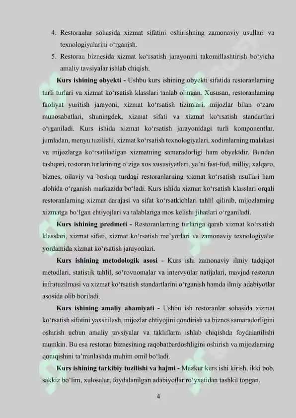 RESTARONLARNING TURLARI VA XIZMAT KO’RSATISH KLASSLARI MAVZUSIDA KURS ISHI 4