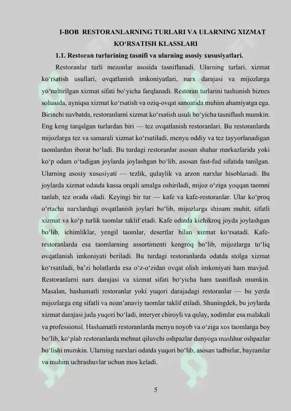 RESTARONLARNING TURLARI VA XIZMAT KO’RSATISH KLASSLARI MAVZUSIDA KURS ISHI 5