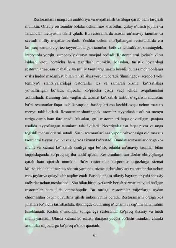 RESTARONLARNING TURLARI VA XIZMAT KO’RSATISH KLASSLARI MAVZUSIDA KURS ISHI 6