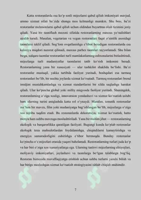 RESTARONLARNING TURLARI VA XIZMAT KO’RSATISH KLASSLARI MAVZUSIDA KURS ISHI 7
