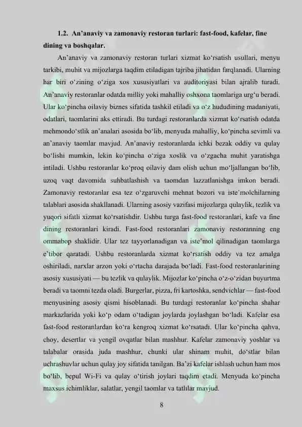 RESTARONLARNING TURLARI VA XIZMAT KO’RSATISH KLASSLARI MAVZUSIDA KURS ISHI 8