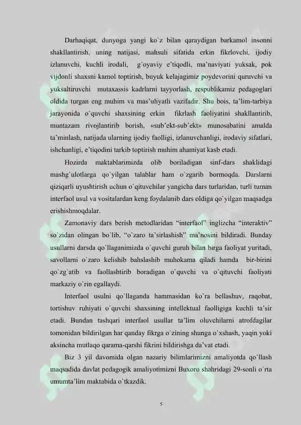 O`QUVCHILAR ERKIN FIKRLASHINI SHAKLLANTIRISHDA INTERFAOL USULLARNING AHAMIYATI 5
