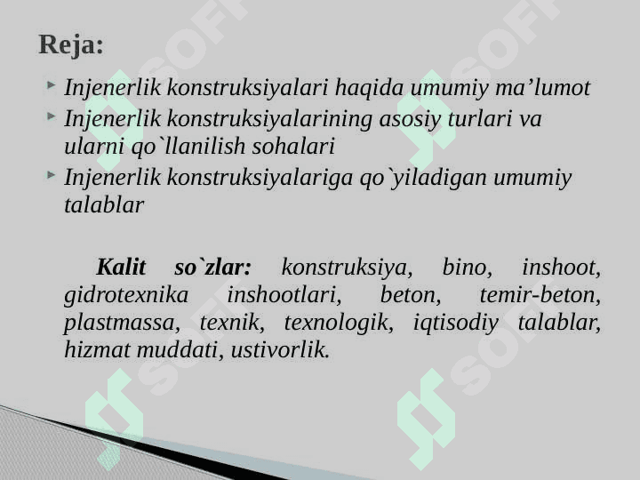 Injenerlik konstruksiyalari va ularni barpo etishda qo`llaniladigan asosiy materiallar 2