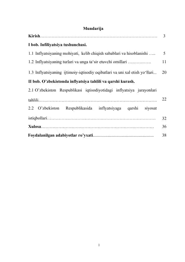 O’zbekiston Respublikasi iqtisodiyotidagi inflyatsiya jarayon