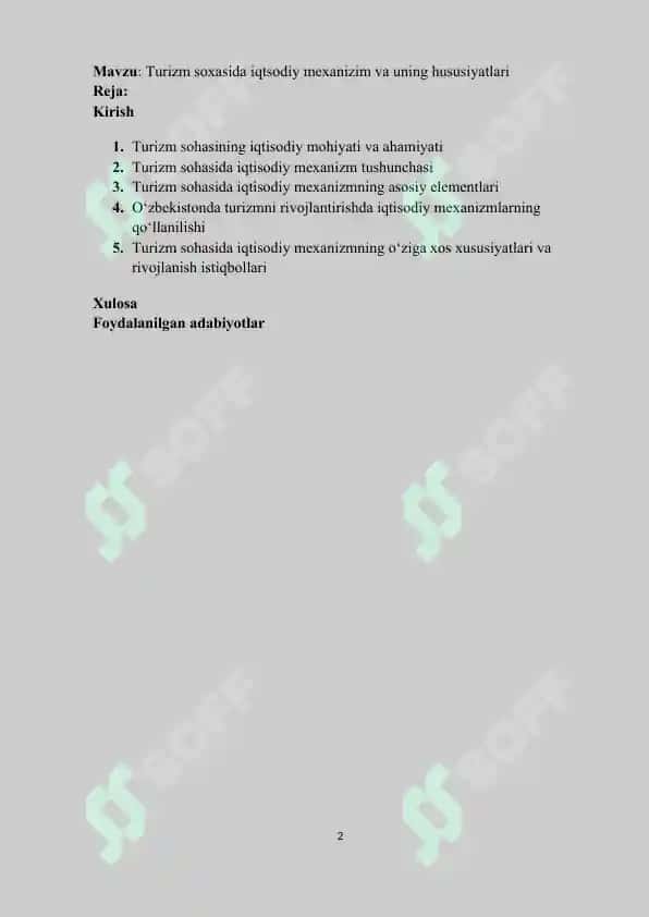 Turizm soxasida iqtisodiy mexanizm va uning hususiyatlari 2