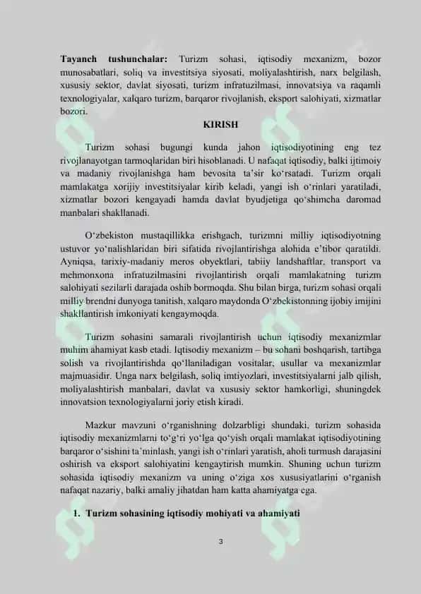 Turizm soxasida iqtisodiy mexanizm va uning hususiyatlari 3