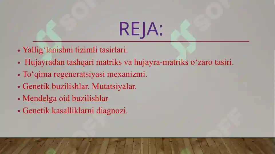 Yallig‘lanishni tizimli tasirlari. Hujayradan tashqari matriks va hujayra-matriks o‘zaro tasiri. To‘qima regeneratsiyasi mexanizmi. Genetik buzilishlar. Mutatsiyalar. Mendelga oid buzilishlar. Ko‘p faktorli nasldan o‘tish buz 2