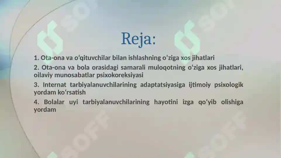Ota-ona va  o‘qituvchilar bilan olib boriladigan korreksion-profilaktik ishlar. Yetim va ota-ona qaramog‘isiz qolgan bolalarning umumiy psixologik tavsifi 2