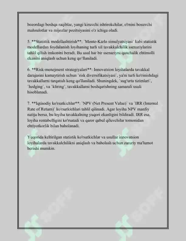 Innovatsion loyihalar risklarini baxolashning asosiy usullari 8