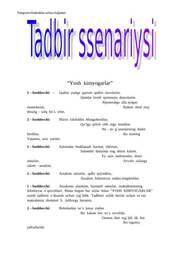 kimyo fanidan "yosh kimyogar " mavzusida kecha senariysi