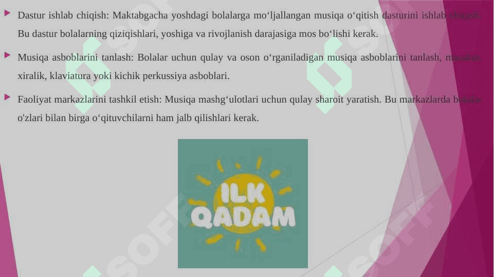 Ilk qadam davlat o'quv dasturi asosida faoliyat markazlarida maktabgacha yoshdagi bolalarni estetik rivojlantirishni tashkil qilish (Musiqa asboblaridan foydalanishga o'rgatish) 3