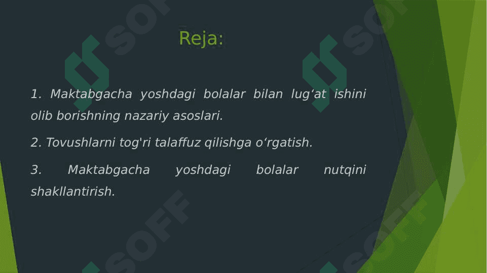 Maktabgacha yoshdagi bolalar bilan lug‘at ishini olib borishning nazariy asoslari.Tovushlarni tog'ri talaffuzi yuzasidan olib boriladigan ishlar mazmuni. Maktabgacha yoshdagi bolalarda nutqning grammatik qurilishini shakllantirish mazmuni. 2