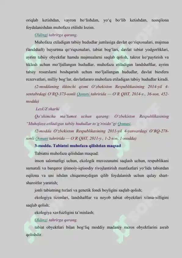 O‘zbekiston Respublikasining Tabiatni Muhofaza Qilish To‘grisidagi Qonuni 3