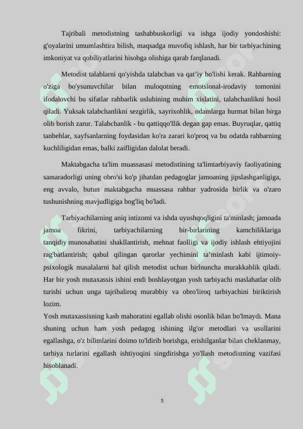 Maktabgacha ta'lim muassasasi metodisti va uning pedagogik jarayonlarni tashkil etishdagi o'rni 5