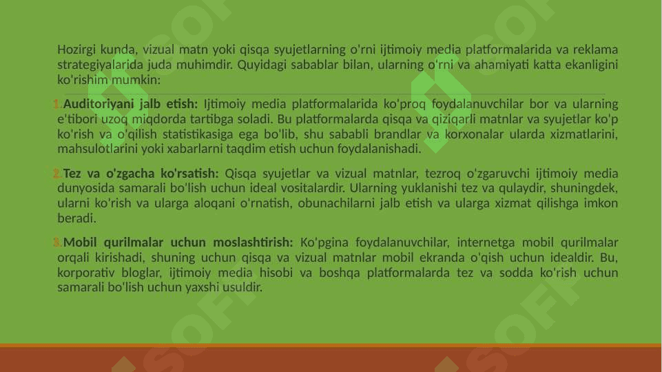 Vizual matn yoki  qisqa  syujet  rejasini  tuzish ( fotografiya, video, komiks, ertak, kompyuter grafikasi va h.k). 4