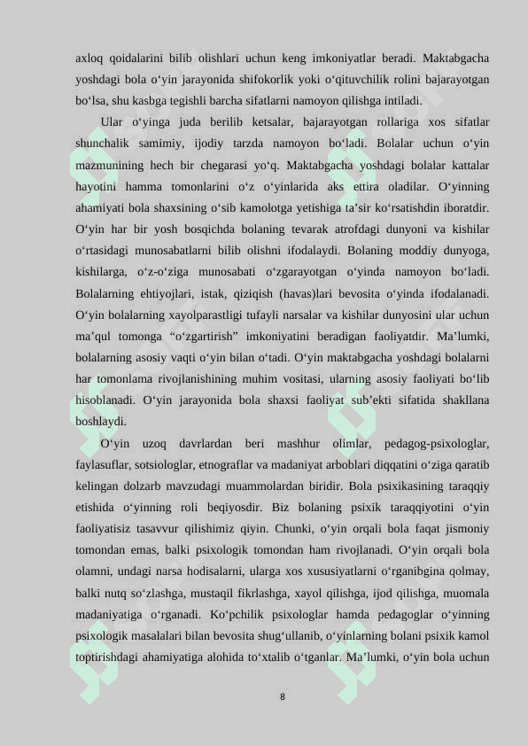 Maktabgacha yoshidagi bolalarni intellektual rivojlantirishda o‘yinning ahamiyati 8