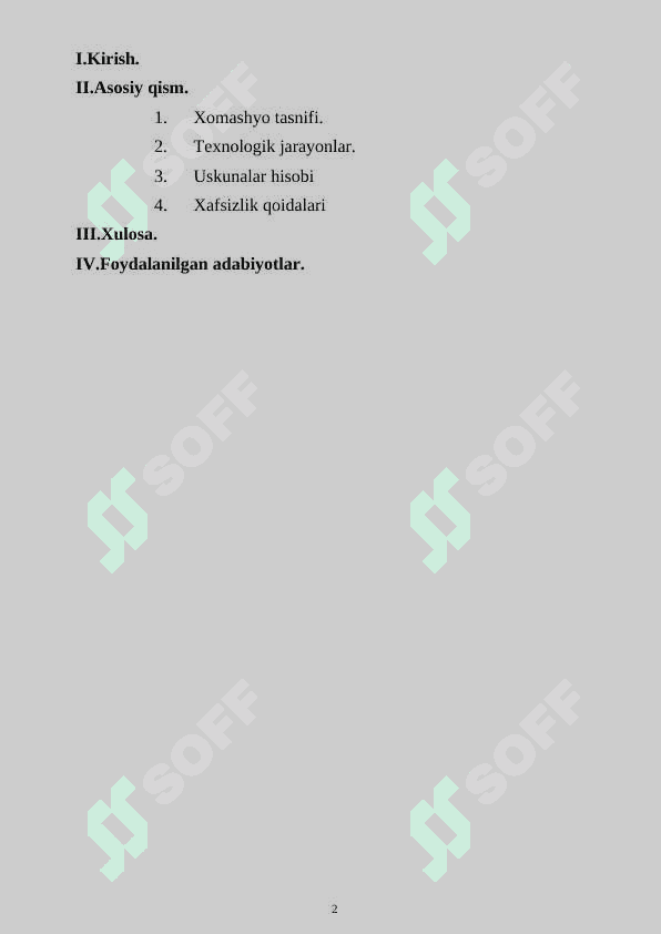 Quvvati 250 t/sutka bo’lgan oliy, 1 va 2-navli un ishlab chiqarish texnalogiyasi va xafsizlik ko’rsatkichlari. 2