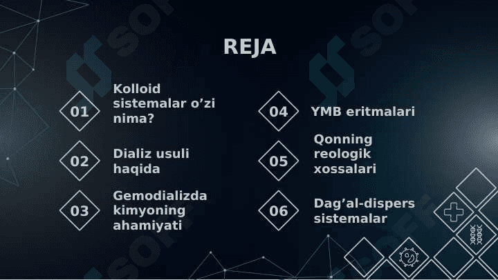 KOLLOID SISTEMALARNI DIALIZ YO’LI BILAN TOZALASH. GEMODIALIZNI O’TKAZISHDA KIMYONING AHAMIYATI. YUQORI MOLEKULYAR BIRIKMALAR ERITMALARINING XOSSALARI. QONNING REOLOGIK XOSSALARI. DAG’AL-DISPERS SISTEMALARNING XOSSALARI VA ULARNI TIBBIYOT VA FARMAKOLOGIYADA ISHLATILISHI. 2