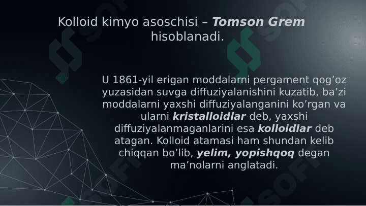 KOLLOID SISTEMALARNI DIALIZ YO’LI BILAN TOZALASH. GEMODIALIZNI O’TKAZISHDA KIMYONING AHAMIYATI. YUQORI MOLEKULYAR BIRIKMALAR ERITMALARINING XOSSALARI. QONNING REOLOGIK XOSSALARI. DAG’AL-DISPERS SISTEMALARNING XOSSALARI VA ULARNI TIBBIYOT VA FARMAKOLOGIYADA ISHLATILISHI. 3