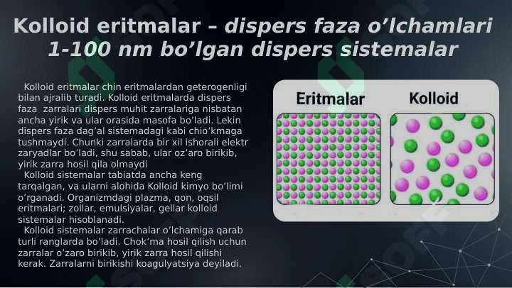 KOLLOID SISTEMALARNI DIALIZ YO’LI BILAN TOZALASH. GEMODIALIZNI O’TKAZISHDA KIMYONING AHAMIYATI. YUQORI MOLEKULYAR BIRIKMALAR ERITMALARINING XOSSALARI. QONNING REOLOGIK XOSSALARI. DAG’AL-DISPERS SISTEMALARNING XOSSALARI VA ULARNI TIBBIYOT VA FARMAKOLOGIYADA ISHLATILISHI. 4