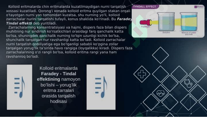 KOLLOID SISTEMALARNI DIALIZ YO’LI BILAN TOZALASH. GEMODIALIZNI O’TKAZISHDA KIMYONING AHAMIYATI. YUQORI MOLEKULYAR BIRIKMALAR ERITMALARINING XOSSALARI. QONNING REOLOGIK XOSSALARI. DAG’AL-DISPERS SISTEMALARNING XOSSALARI VA ULARNI TIBBIYOT VA FARMAKOLOGIYADA ISHLATILISHI. 7