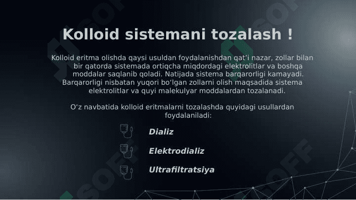 KOLLOID SISTEMALARNI DIALIZ YO’LI BILAN TOZALASH. GEMODIALIZNI O’TKAZISHDA KIMYONING AHAMIYATI. YUQORI MOLEKULYAR BIRIKMALAR ERITMALARINING XOSSALARI. QONNING REOLOGIK XOSSALARI. DAG’AL-DISPERS SISTEMALARNING XOSSALARI VA ULARNI TIBBIYOT VA FARMAKOLOGIYADA ISHLATILISHI. 8