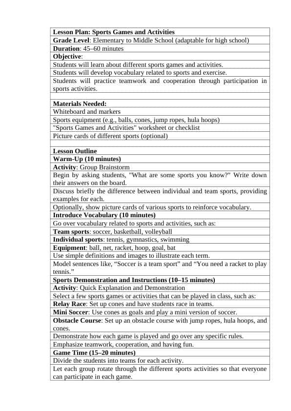 Sports Games and Activities