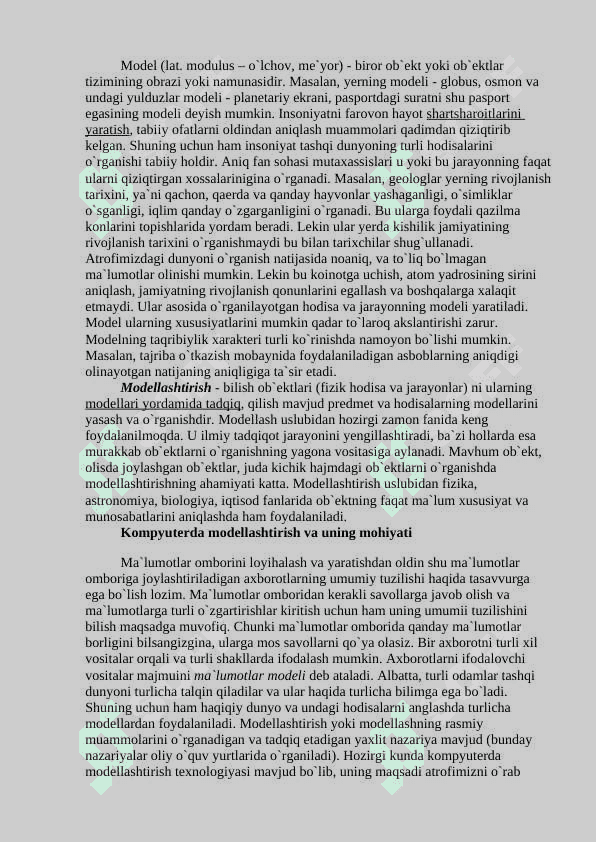 Modellashtirish turlari. Modellar klassifikatsiyasi. Dinamik tizimlarni modellashtirish. 3