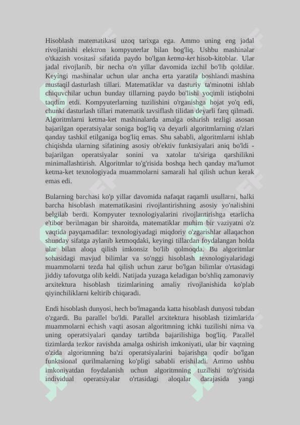 Parallellashtirish algoritmlarining samaradorlik ko`rsatkichlari. 6
