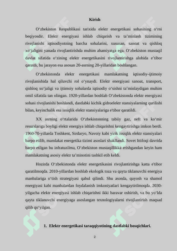 O’zbekistonda elektr energetikaning rivojlanish tarixi. 2
