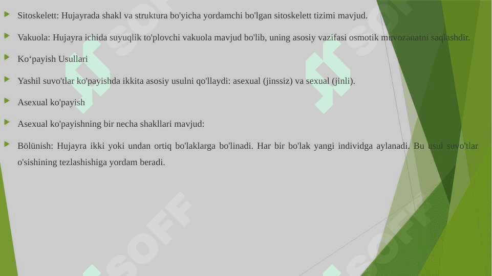Yashil suv o'tlar bo'limi, hujayrasining tuzilishi va ko‘payish usullari 7