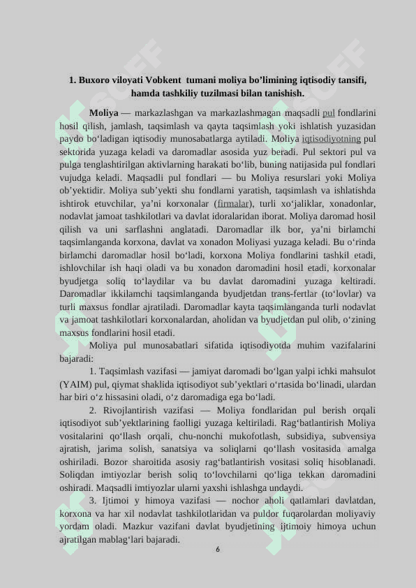 Tuman moliya bo'limi amaliyot hisoboti 6