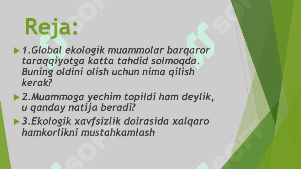 Global ekologik muammolar barqaror taraqqiyotga katta tahdid solmoqda. Global ekologik muammolar barqaror taraqqiyotga katta tahdid solmoqda. Buning oldini olish uchun nima qilish kerak? 2