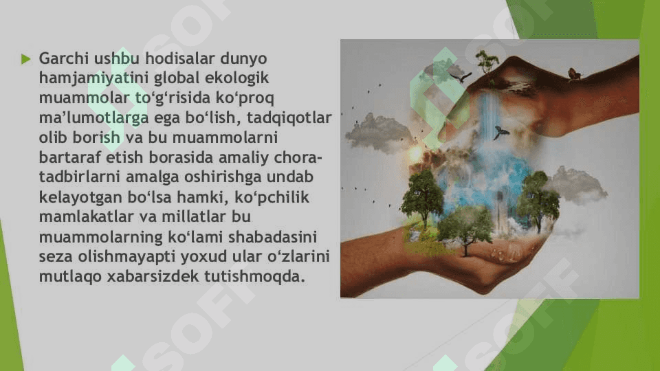 Global ekologik muammolar barqaror taraqqiyotga katta tahdid solmoqda. Global ekologik muammolar barqaror taraqqiyotga katta tahdid solmoqda. Buning oldini olish uchun nima qilish kerak? 4