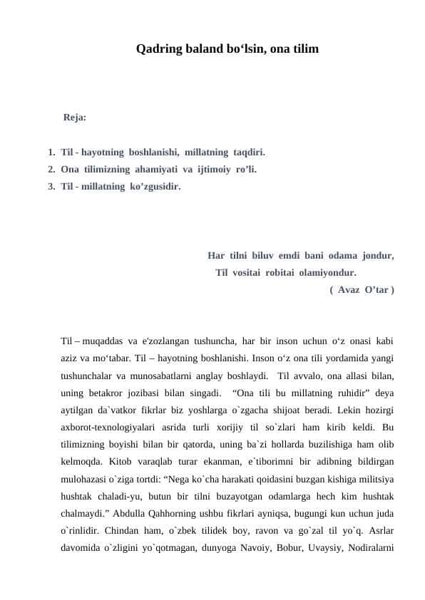 qadring baland bo`lsin ona tilim