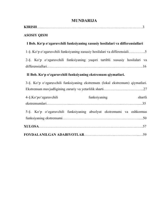 Ko‘p o‘zgaruvchili funksiyaning xususiy hosilalari va differensiallari BMI