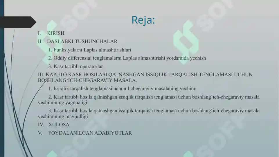 KAPUTO KASR HOSILASI QATNASHGAN ISSIQLIK TARQALISH TENGLAMASI UCHUN BOSHLANG‘ICH-CHEGARAVIY MASALA 2