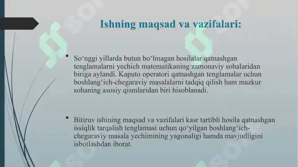 KAPUTO KASR HOSILASI QATNASHGAN ISSIQLIK TARQALISH TENGLAMASI UCHUN BOSHLANG‘ICH-CHEGARAVIY MASALA 3