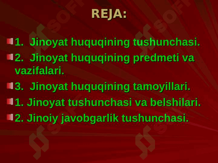 Jinoyat huquqi tushunchasi, prеdmеti, vazifalari va prinsiplari. Jinoyat tushunchasi uning bеlgilari jinoiy javobgarlik asoslari. 2
