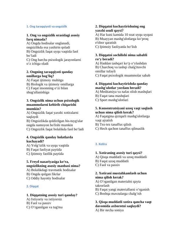 Psixologiya fanidan testlar 1
