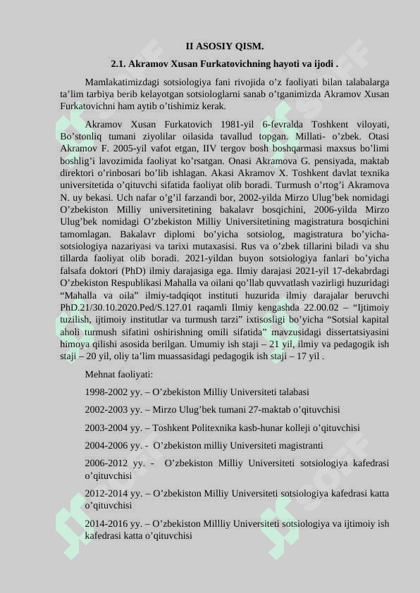 O’ZBEKISTON SOTSIOLOGLARINING SOTSIOLOGIK QARASHLARI TARIXI: SOTSIOLOGIYA FANLARI BO’YICHA FALSAFA DOKTORI (PhD) AKRAMOV XUSAN FURKATOVICHNING SOTSIOLOGIYAGA QO’SHGAN HISSASI 4
