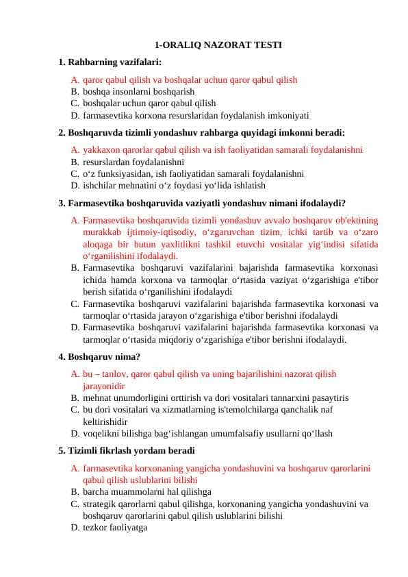 Farmakologik nazorat fanidan 2-Oraliq nazorat javoblar