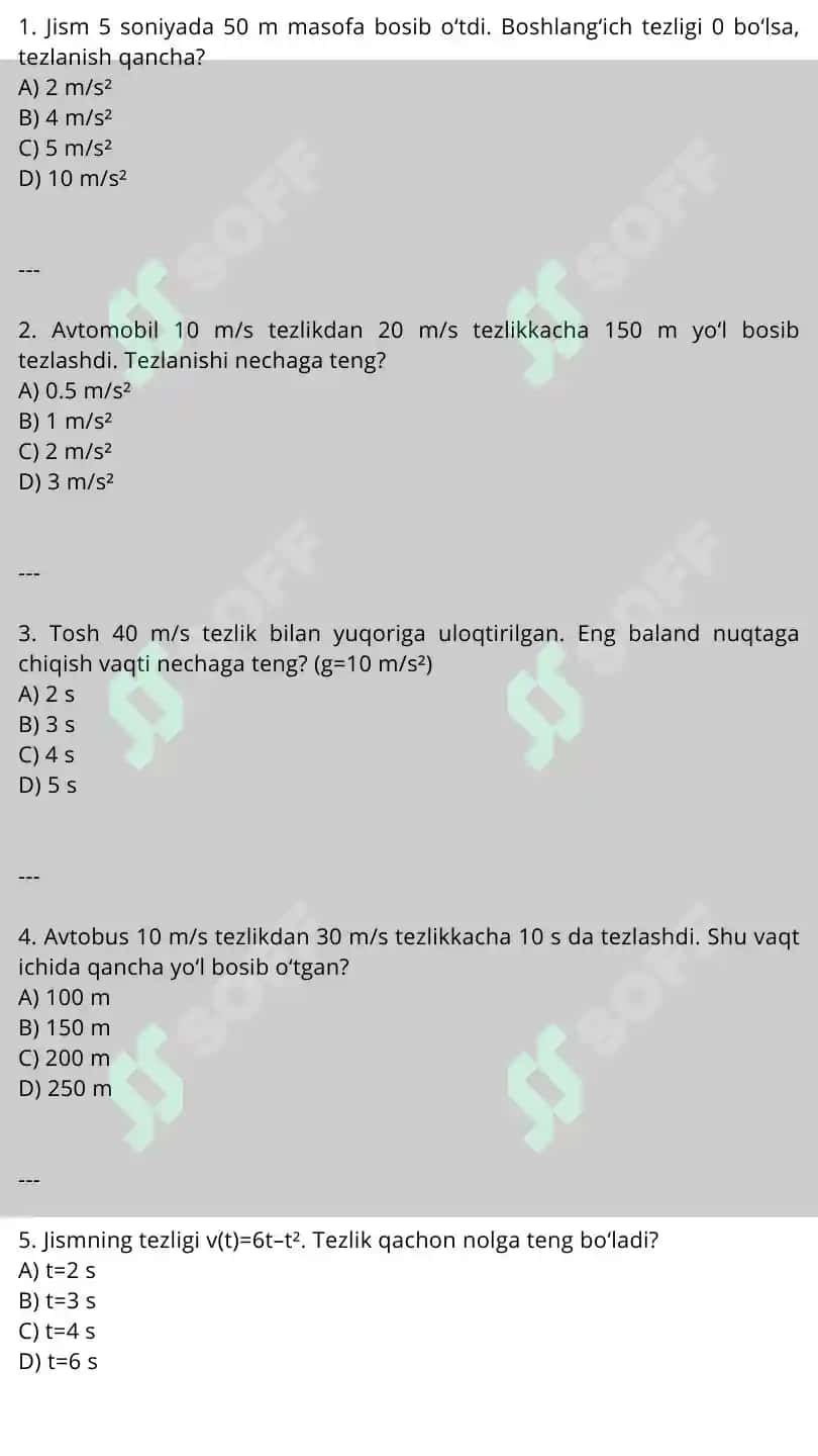 KINEMATIKA – 1- TO‘PLAM (50 ta test) 2