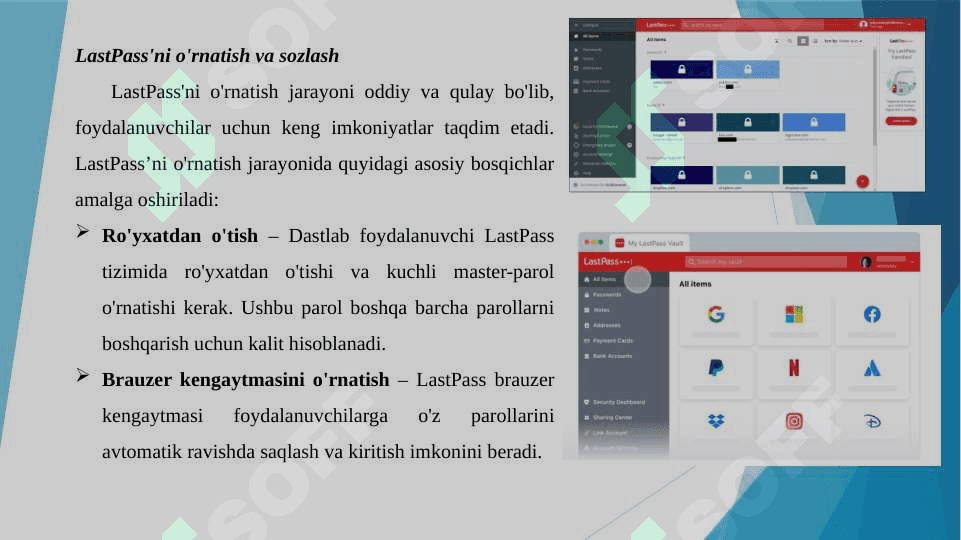 Parollarni boshqarish tizimlari (masalan, LastPass) va ulardan foydalanish 8