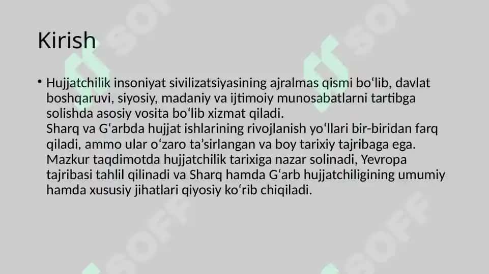 Yevropada hujjat ishlarining takomili va uning dunyo hujjat yurituviga ta’siri. Sharq va G‘arb hujjatchiligining tarixiy takomili, umumiy va xususiy jihatlarining qiyosiy tahlili 3