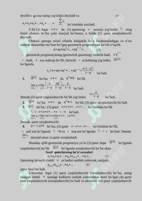 Sonli qatorlar.  (Musbat hadli qatorlarning yaqinlashish teoremalari. Leybnis teoremasi, absolyut va shartli yaqinlashish.) 2