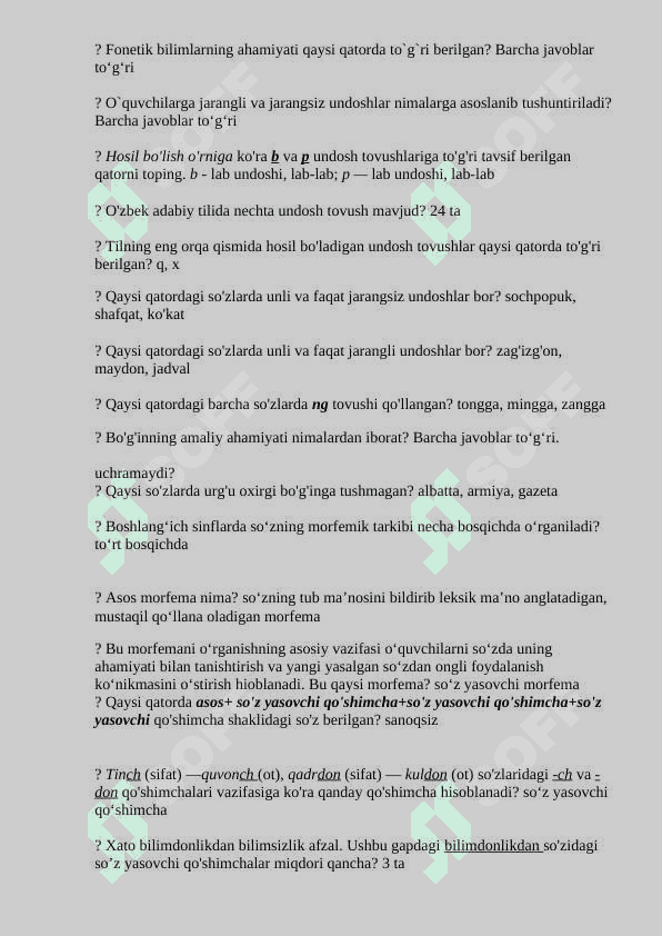 Ona tili fanidan test savollari javoblari bilan 2
