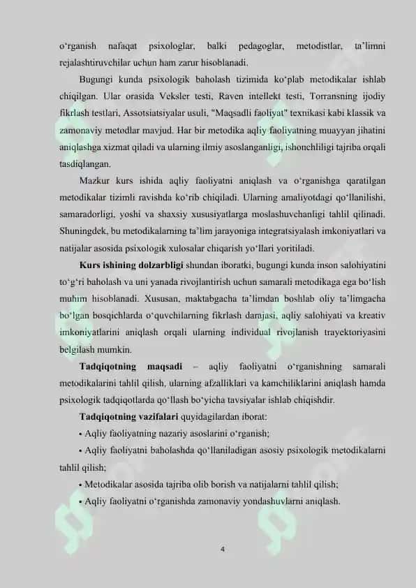 Aqliy faoliyatni o'rganish uchun metodikalar 4