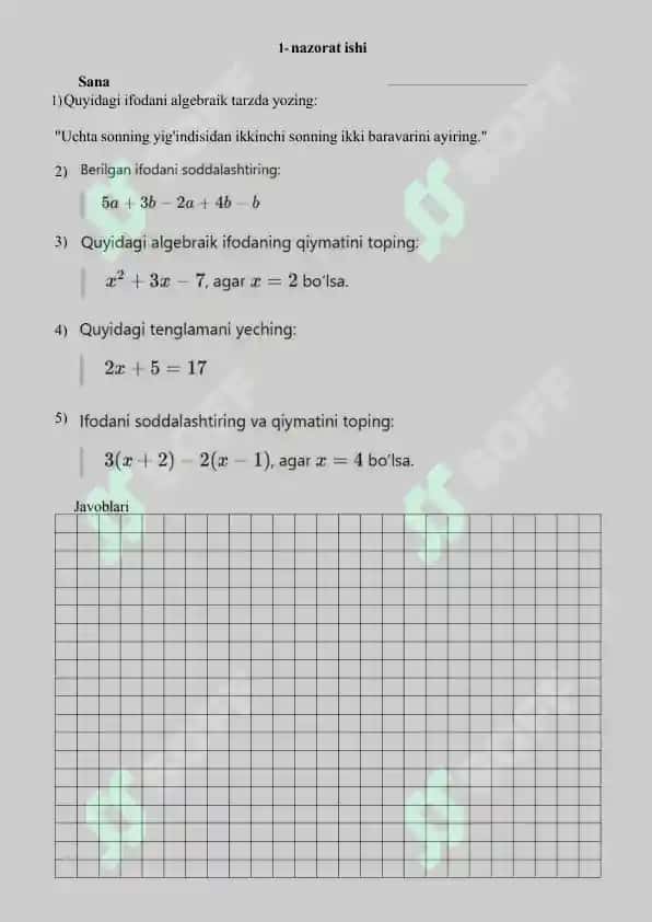 6-sinf Matematika Nazorat ishi 2025-2026-yil uchunmaxsus yangi darslikdan 3