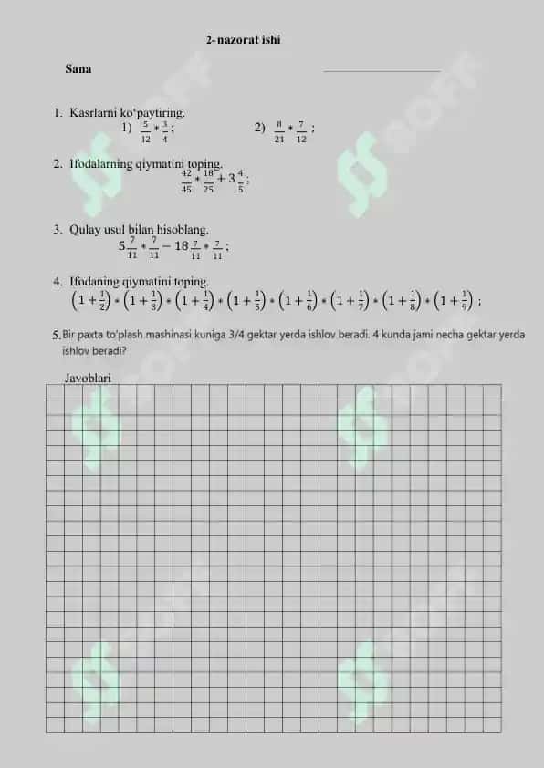 6-sinf Matematika Nazorat ishi 2025-2026-yil uchunmaxsus yangi darslikdan 5